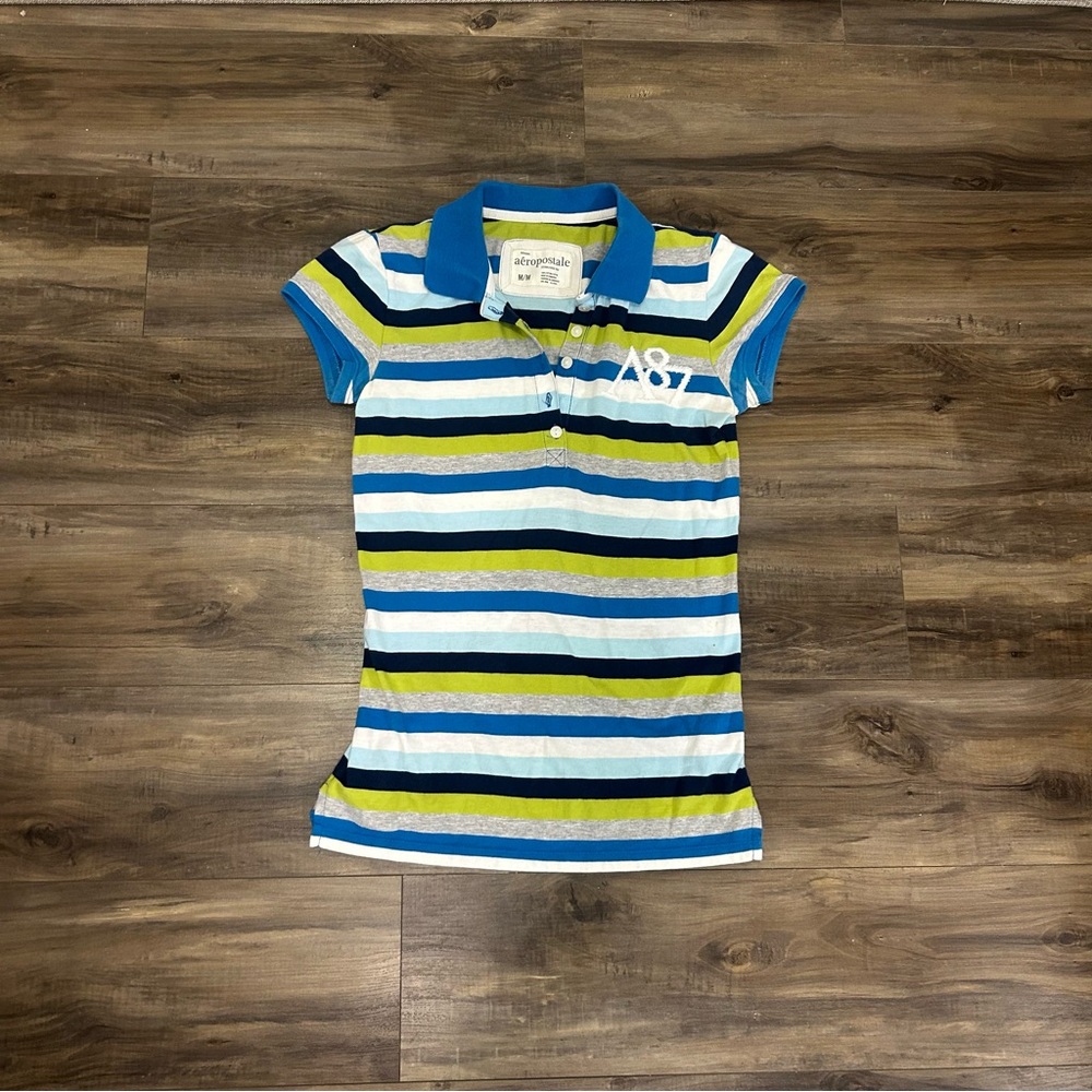 Aeropostale Blue & Green Striped Polo Shirt - Picture 2 of 5